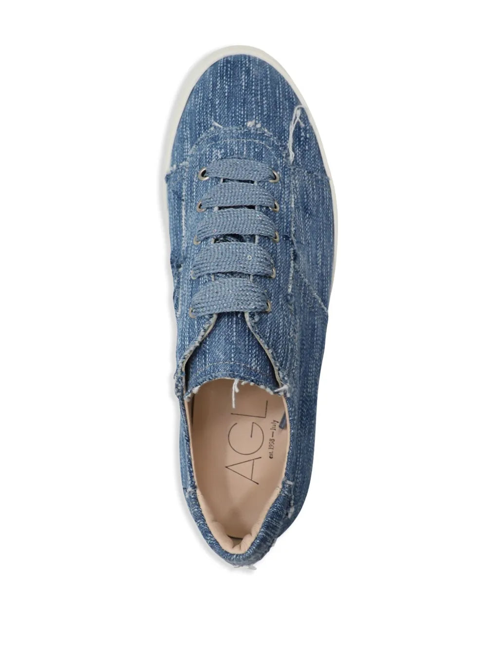 AGL denim lace-up sneakers, top view with laces and AGL logo in insole