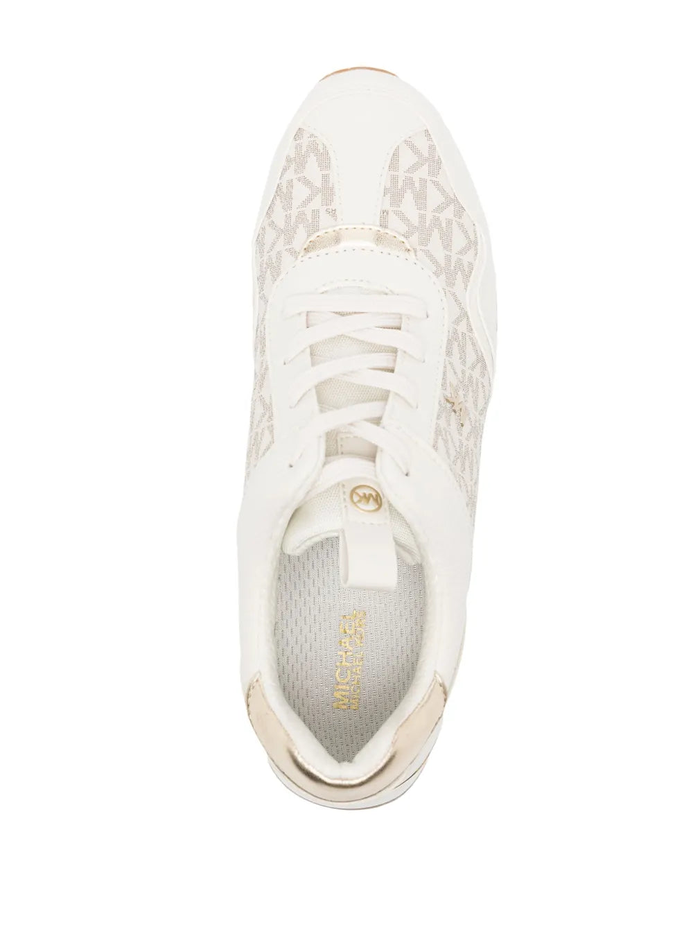 White logo-jacquard platform sneaker, top view with lace-up and branded tongue