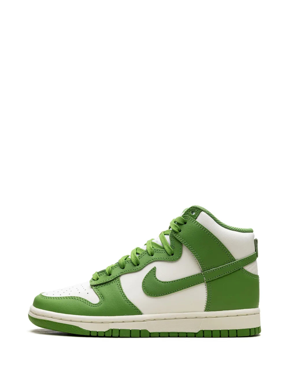 Green and white high-top sneaker with white toe and green collar