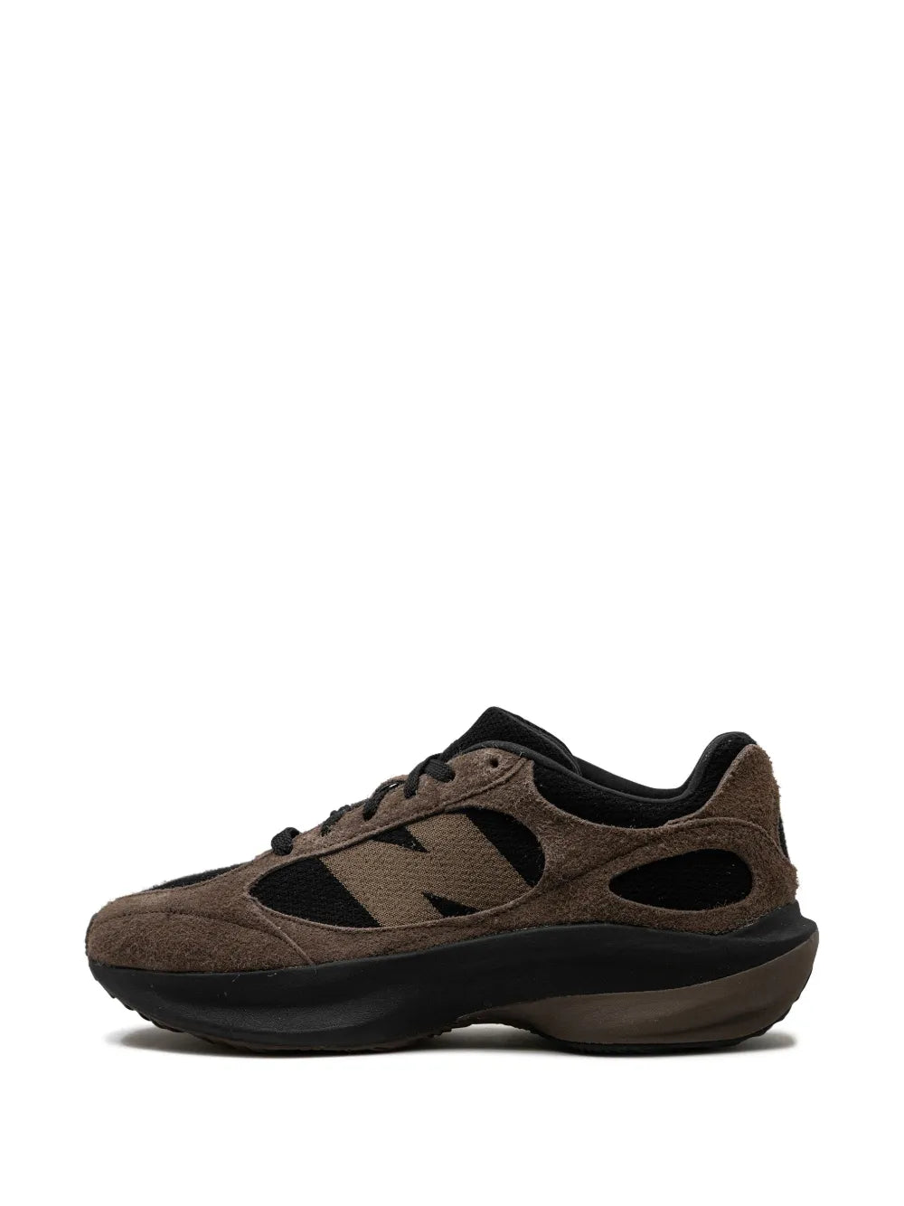 New Balance WRPD runner shoe, brown/black suede with side graphic and thick sole