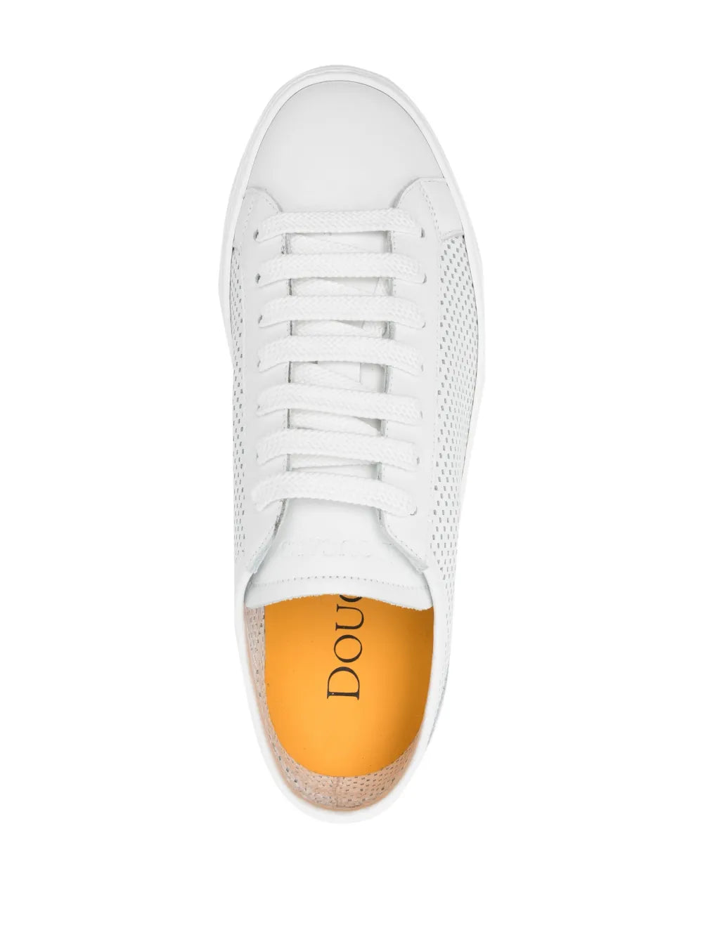 White leather sneaker with lace-up front and tan interior lining, top view.