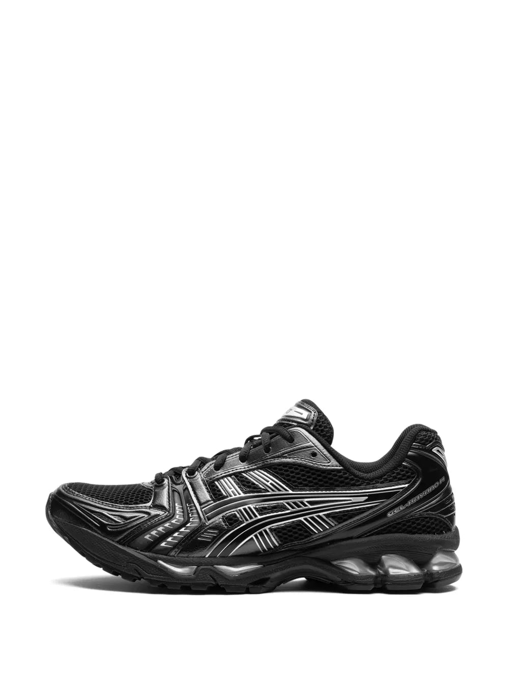 Black running shoe with silver overlays and cushioned midsole