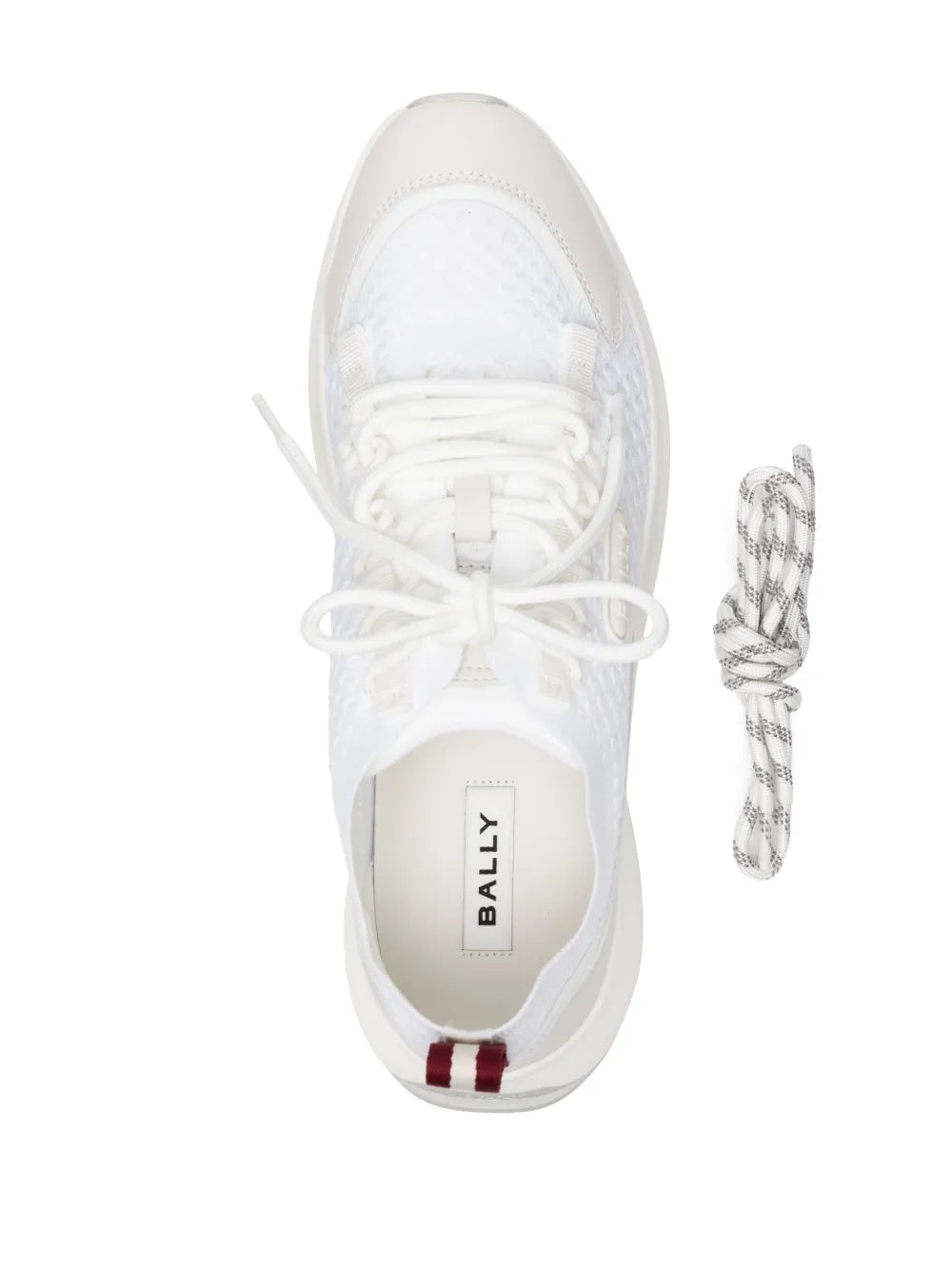 White Bally lace-up sneakers with mesh lining and striped pull tab
