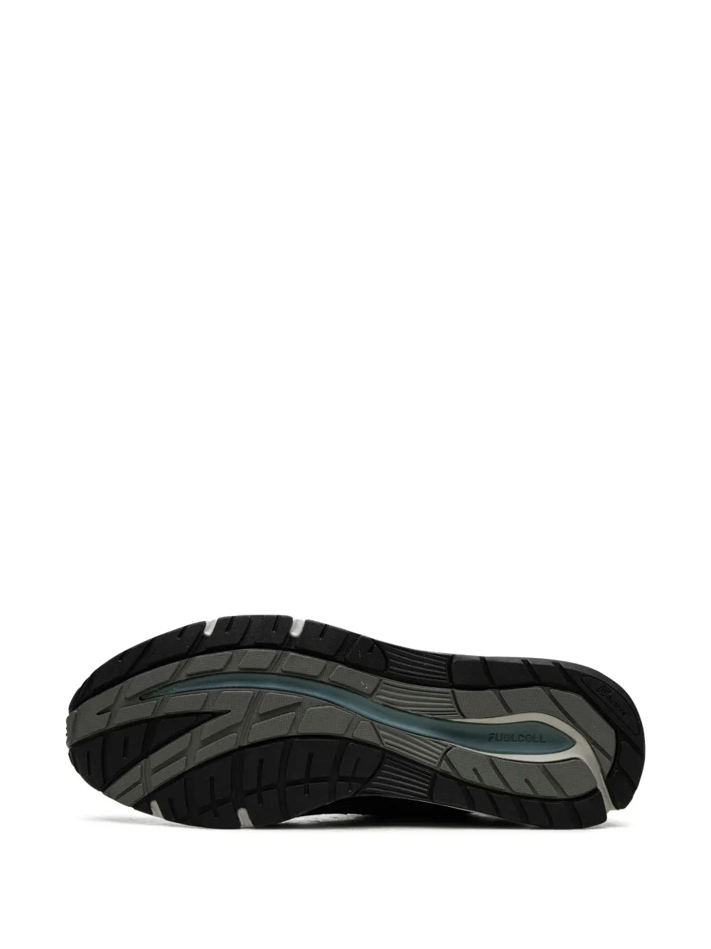New Balance 991V2 suede sneaker outsole, black rubber tread with teal midsole trim