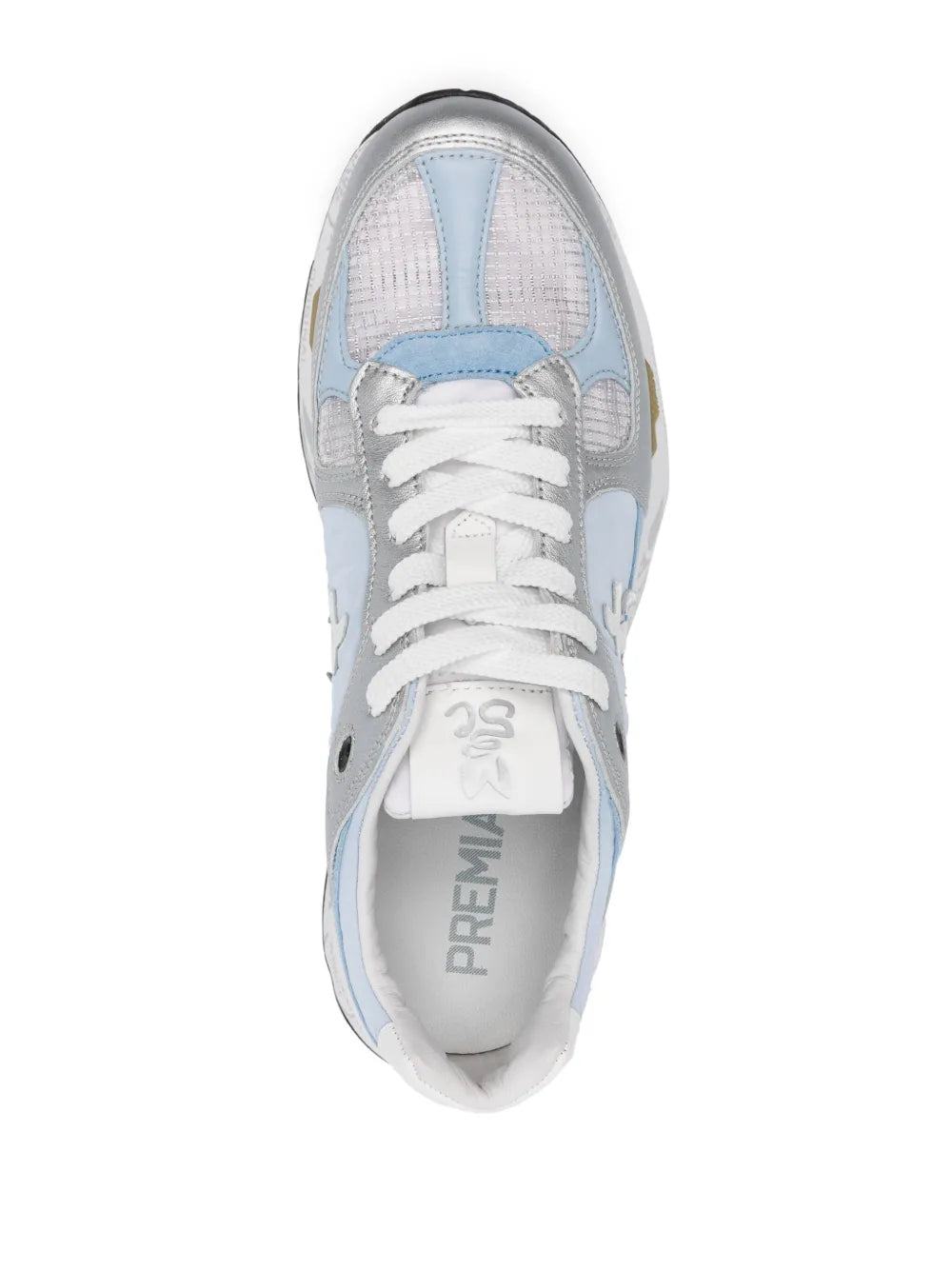Premiata Mased leather sneaker with white laces and light blue tongue, front view