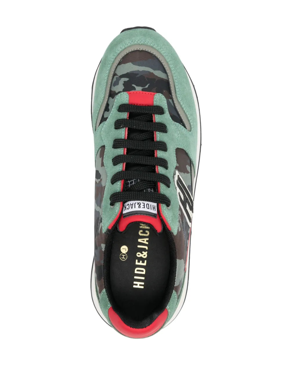 Hide&Jack running sneakers: green camo front, red trim, black laces, logo detail