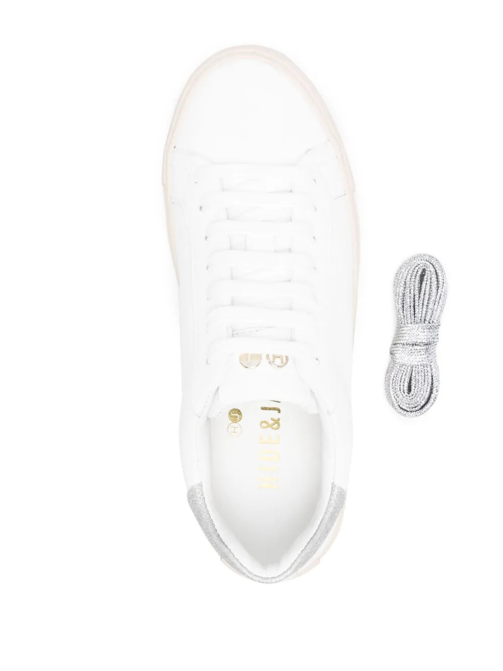 Optical white sneaker, lace-up upper with insole label and gray lace accessory