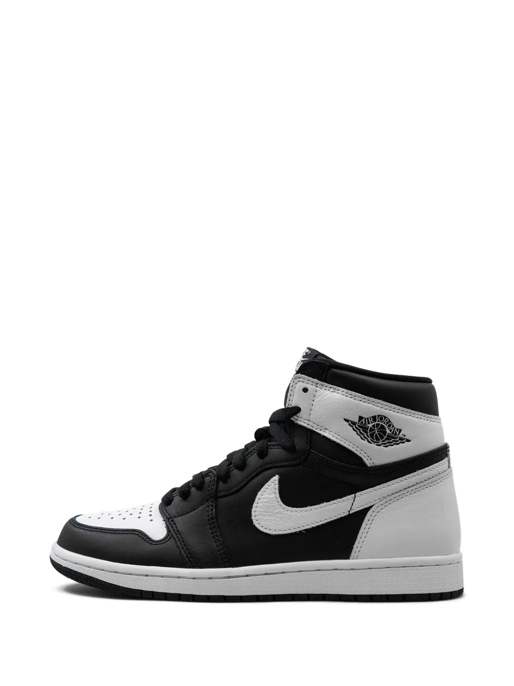 Black and white high-top sneakers with Nike swoosh and Jordan wings on the ankle