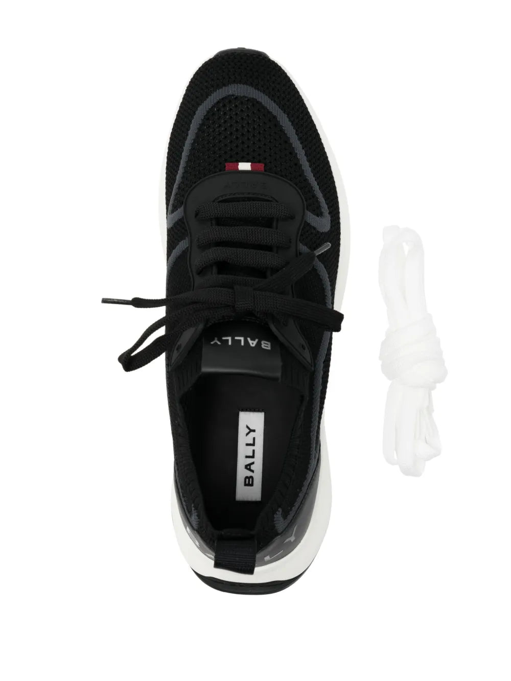 Black mesh sneaker tongue tag shows Bally logo; lace-up front with cushioned insole