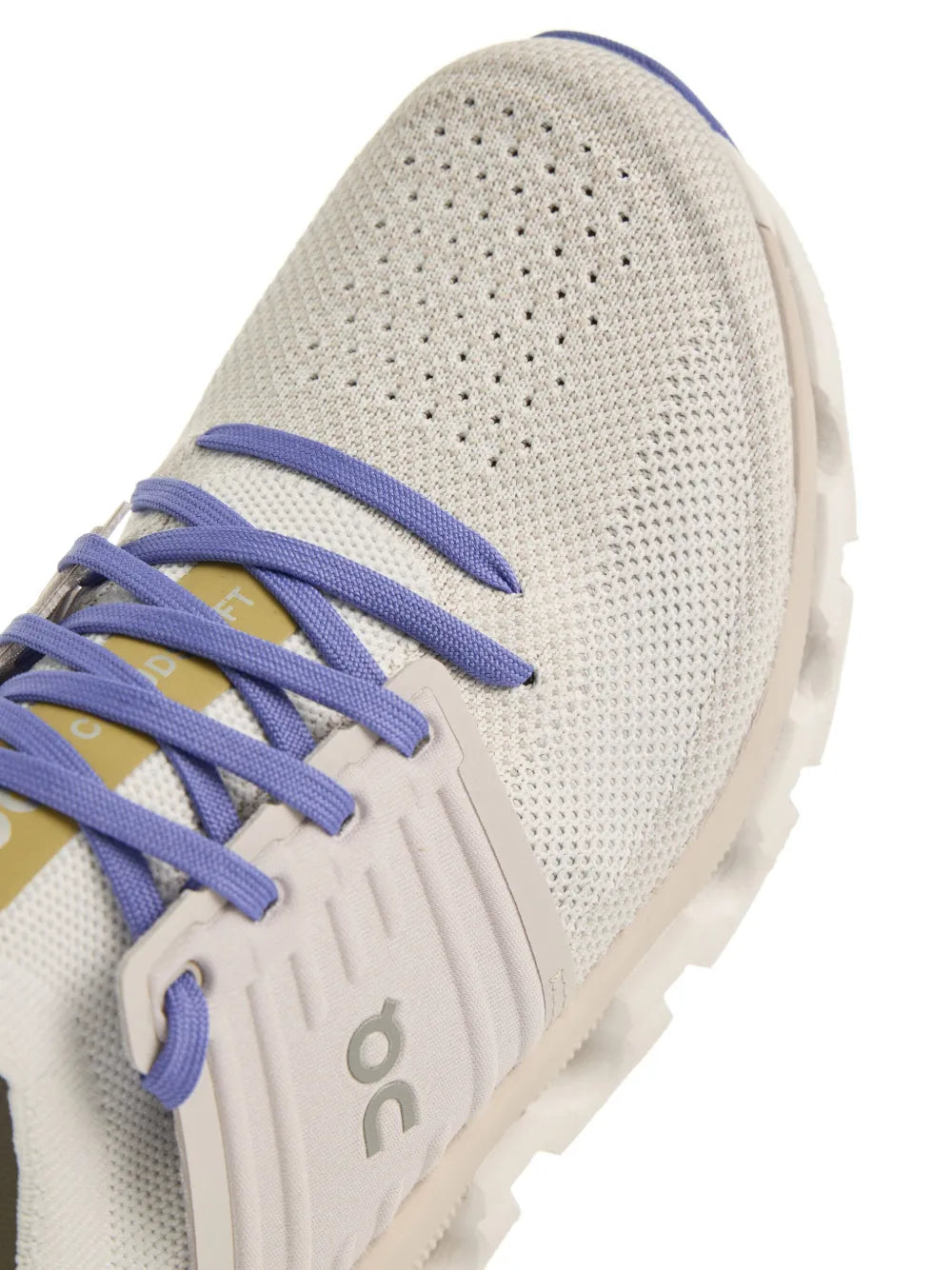 On Cloudswift 3 knit upper close-up, blue lace loops and logo on white