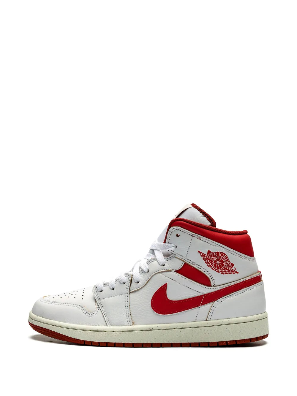 Air Jordan 1 Mid SE white high-top sneakers with red Swoosh and red collar trim