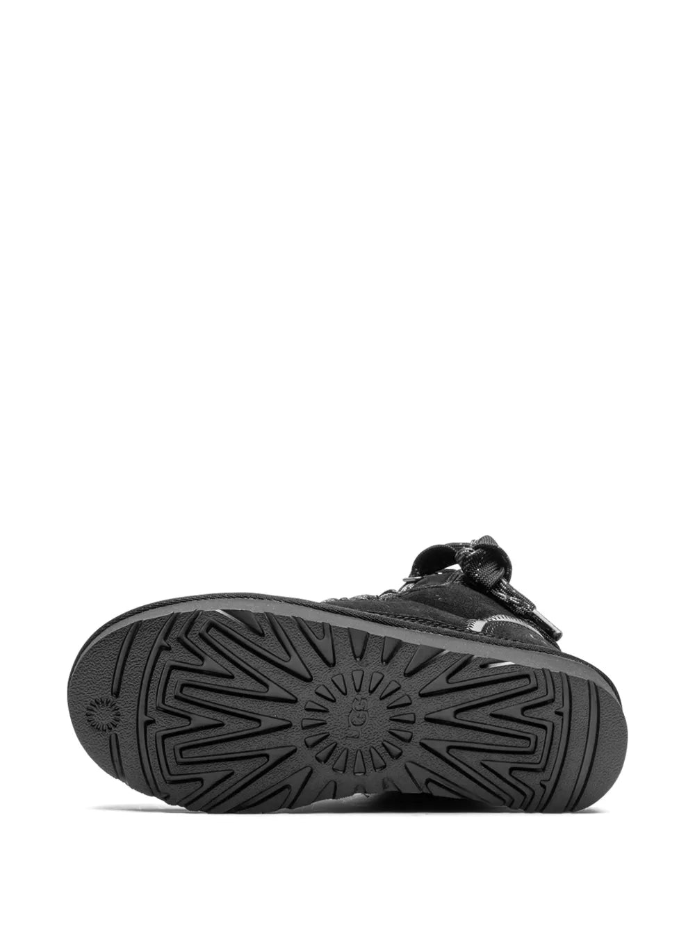 Black rubber outsole of lace-up suede high boots with tread pattern