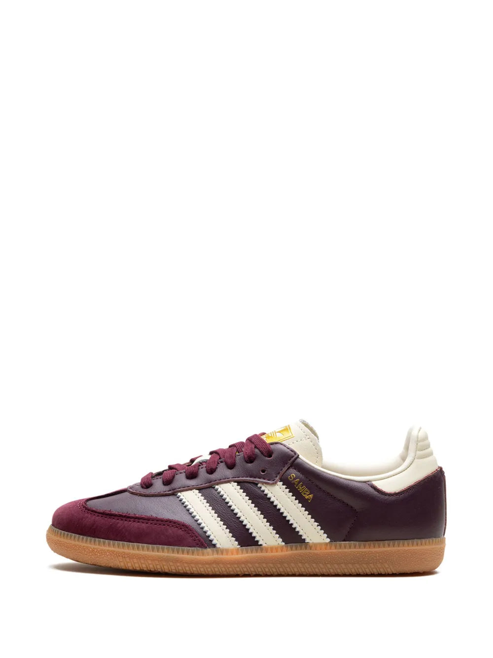 Samba OG sneakers, burgundy upper, white stripes and lace-up front, gum sole