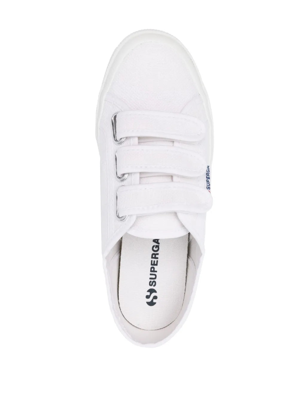 White canvas sneaker with two adjustable straps and Superga logo on sockliner