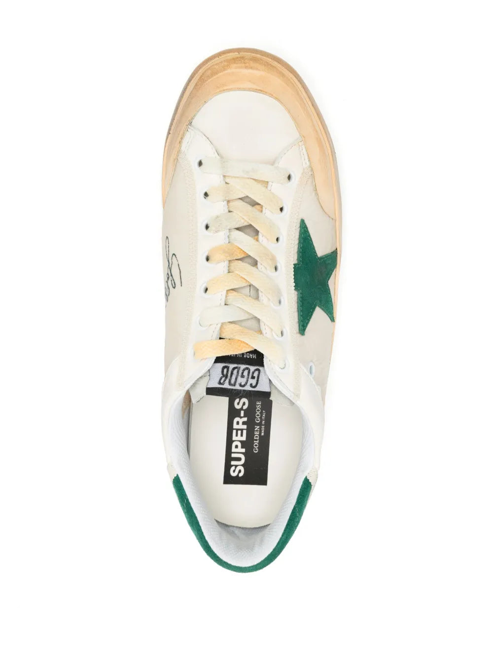 Golden Goose Super-Star sneakers, top view with green star and Super Pers insole label