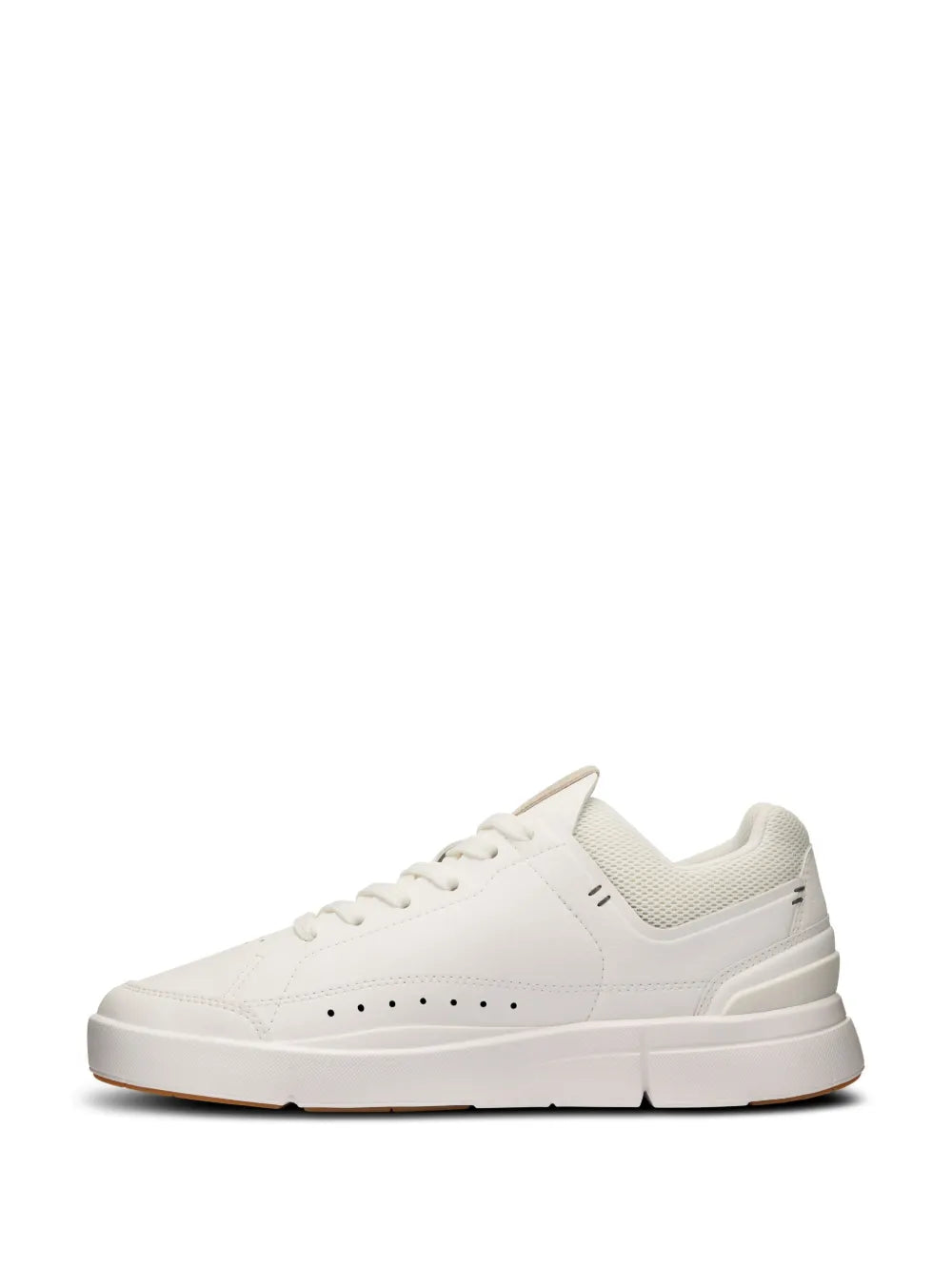 White low-top sneakers with lace-up front and slim profile midsole