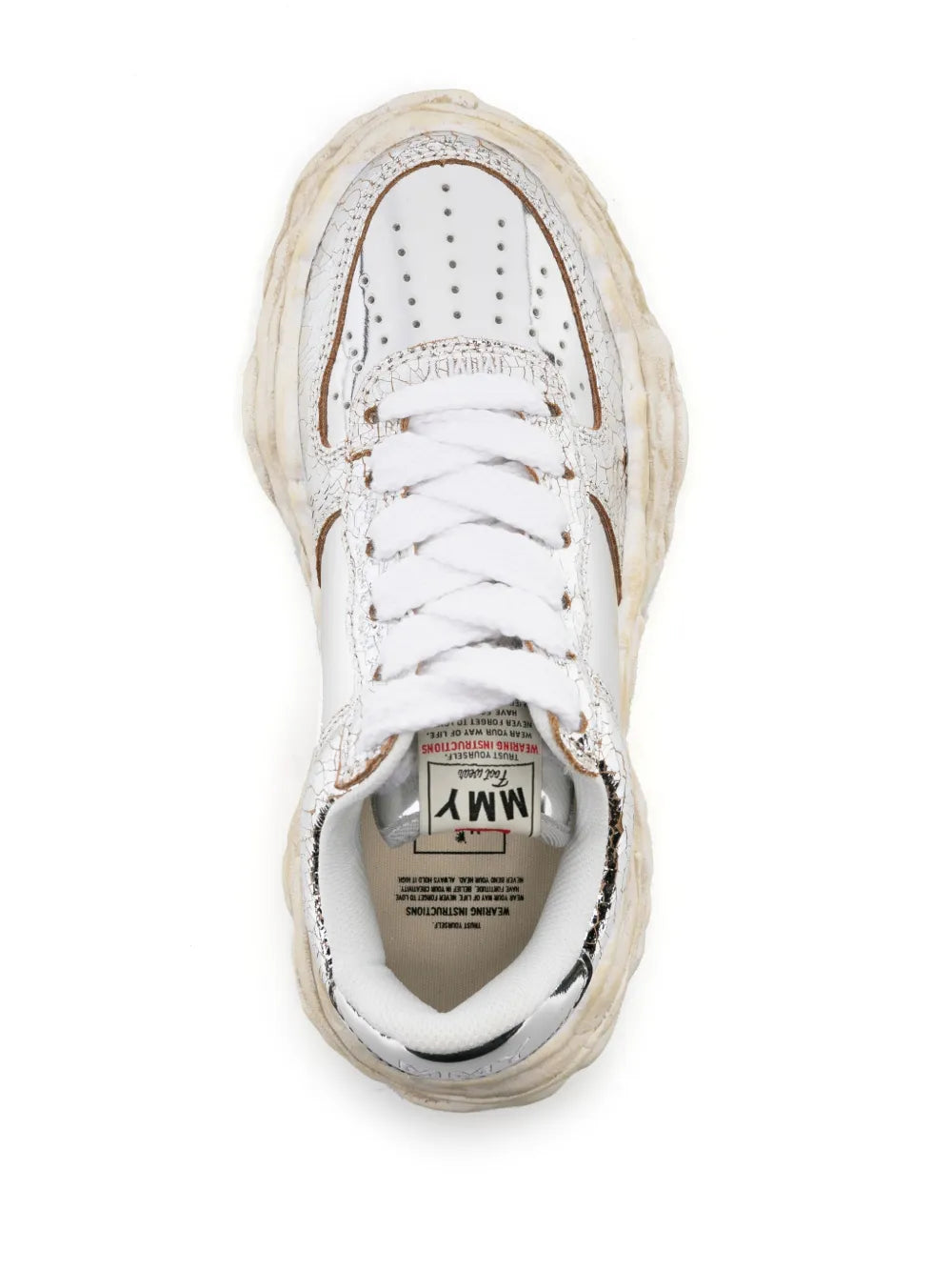 Lace-up low-top sneaker with perforated white toe, metallic silver heel, beige sole