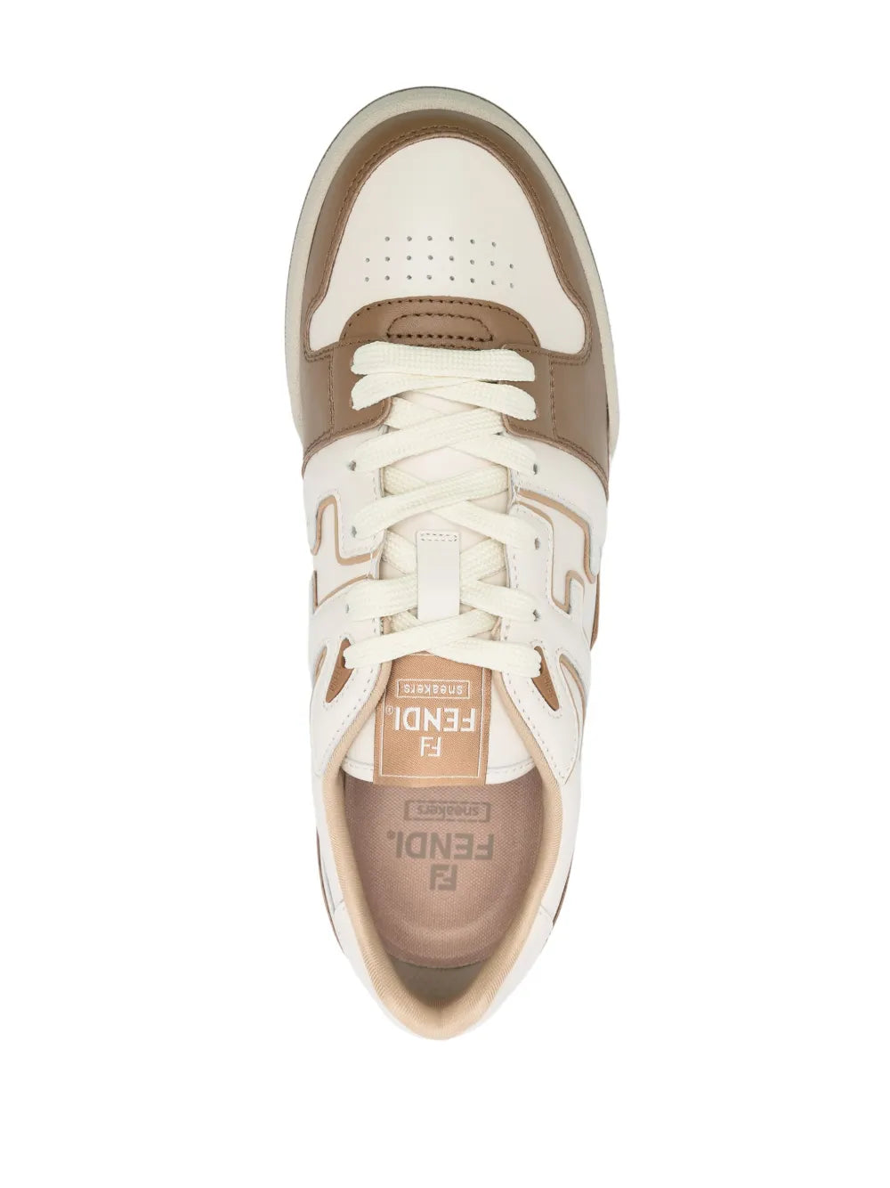 Fendi white leather sneaker, top view, with tan and brown trim