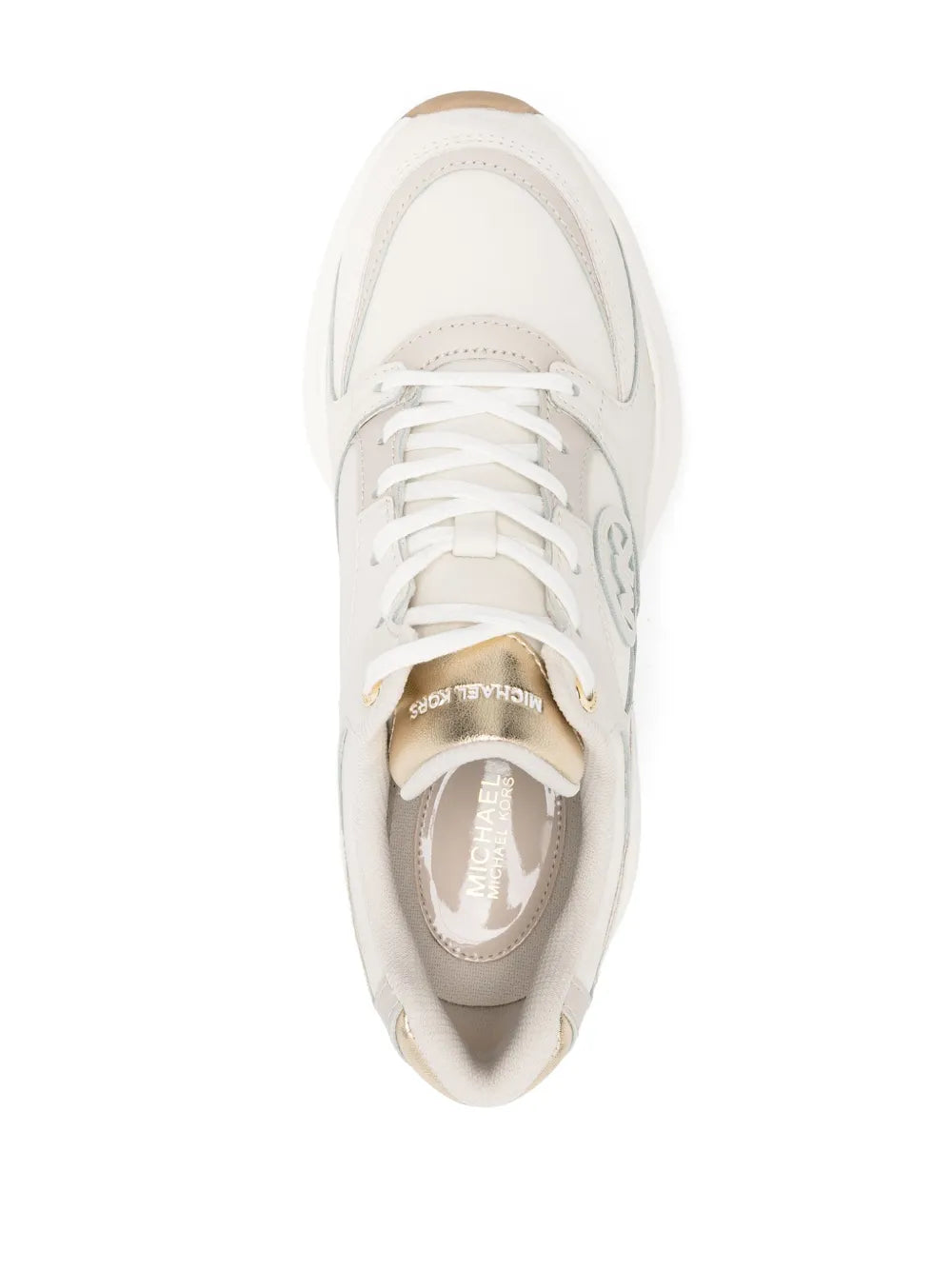 White lace-up sneaker top view with metal logo detail on tongue
