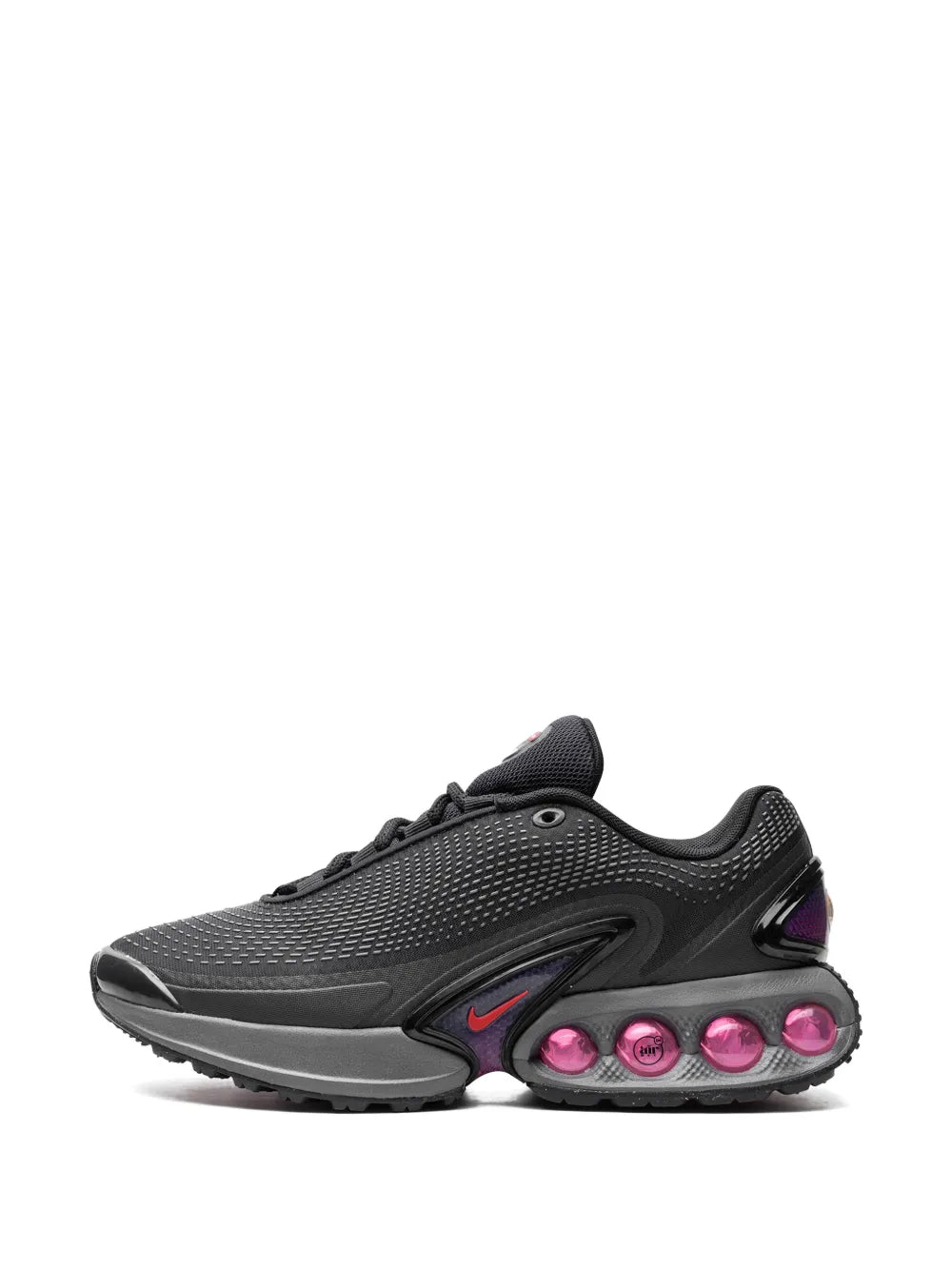 Nike Air Max Dn running shoe, black with pink air pod heel and red swoosh