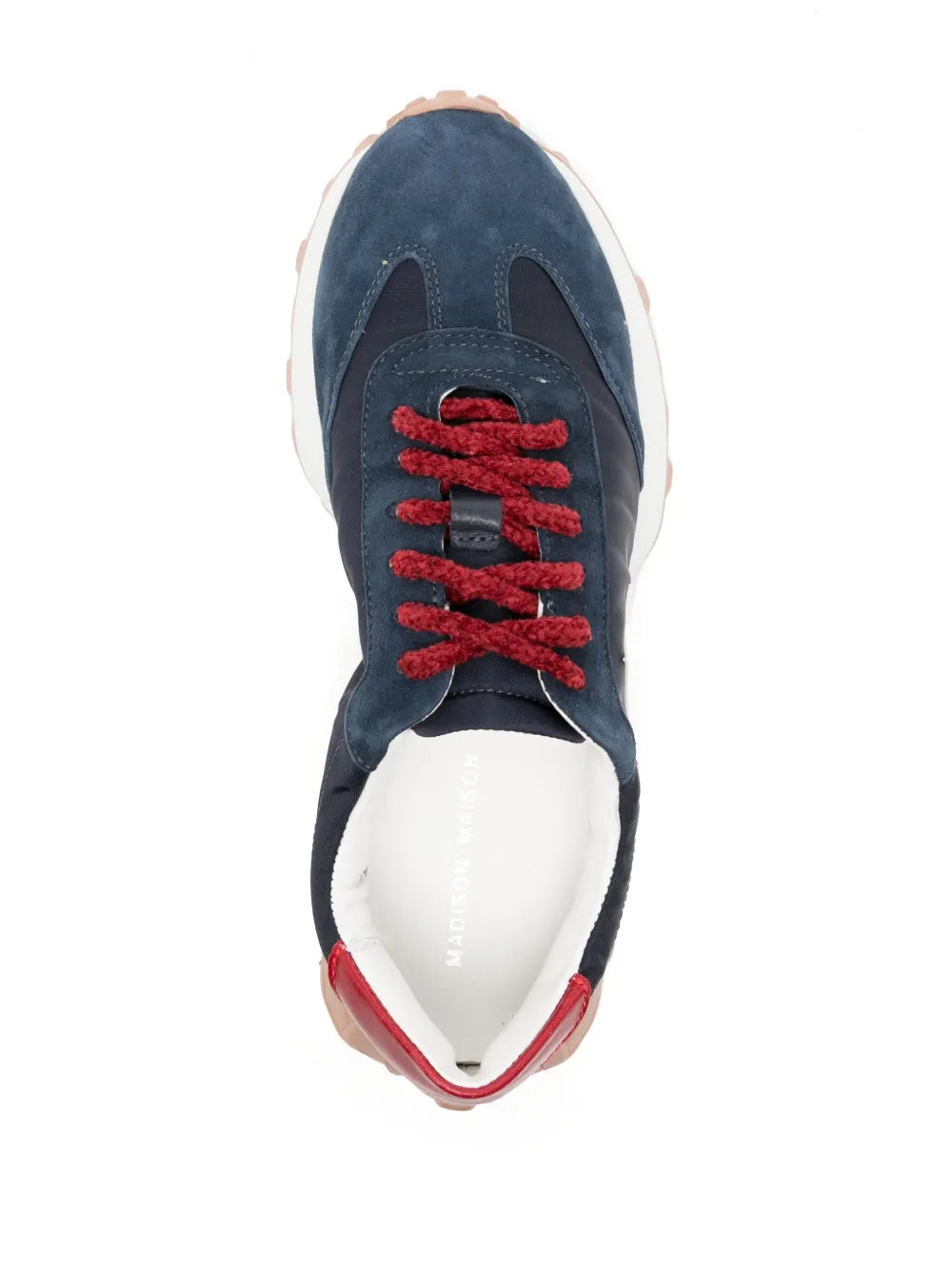 Blue lace-up sneaker with red laces and white interior lining