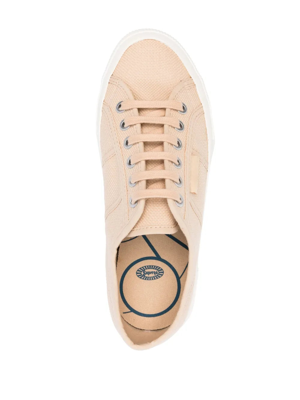 Superga beige canvas sneaker with blue logo insole, lace-up front