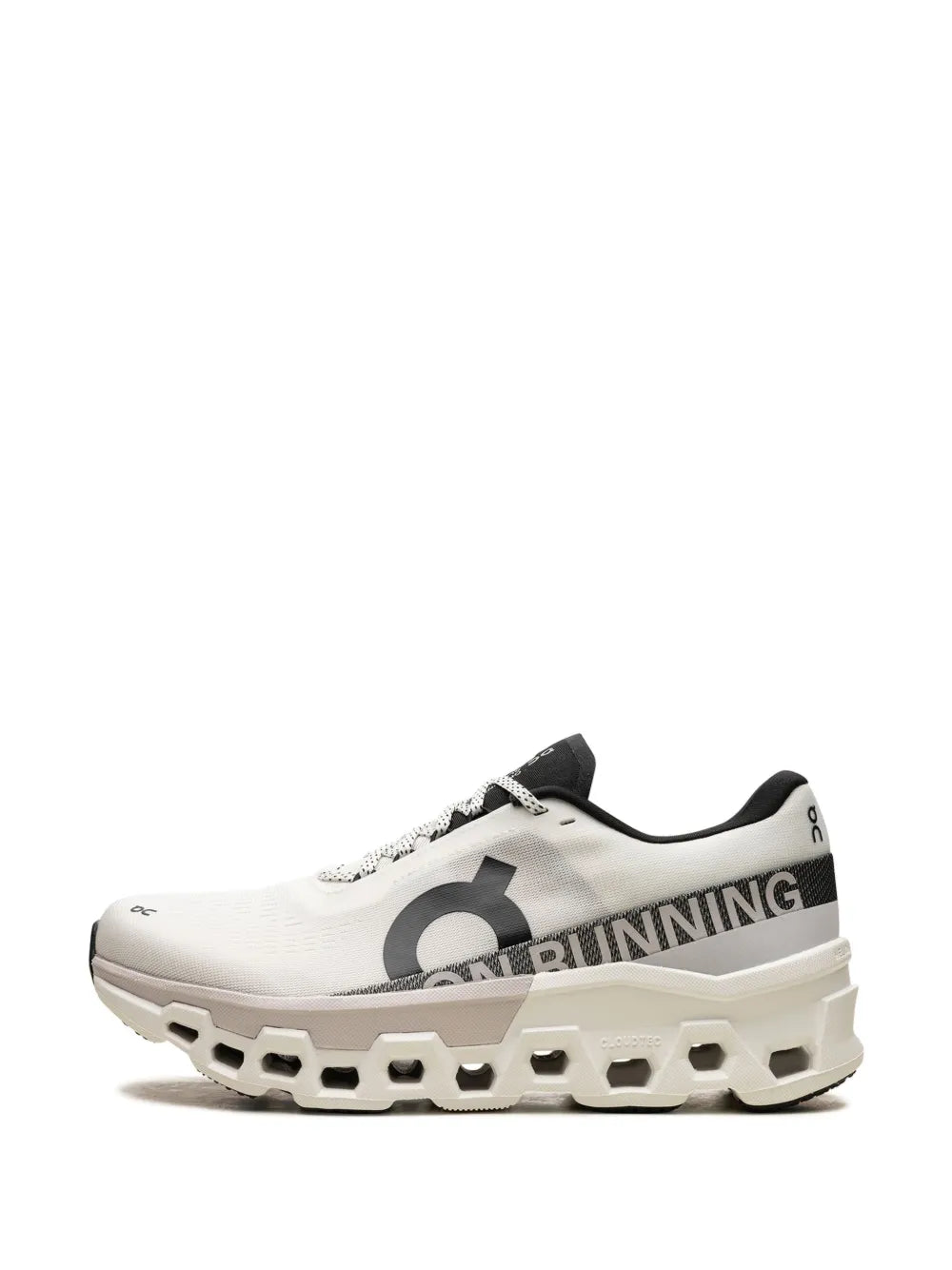 On running shoe white with black side logo, lace-up and CloudTec pod sole