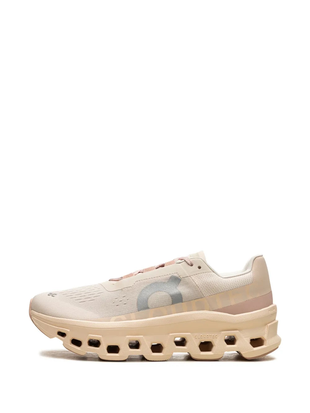 On Cloudmonster sneaker in light beige with pink laces and chunky tread sole