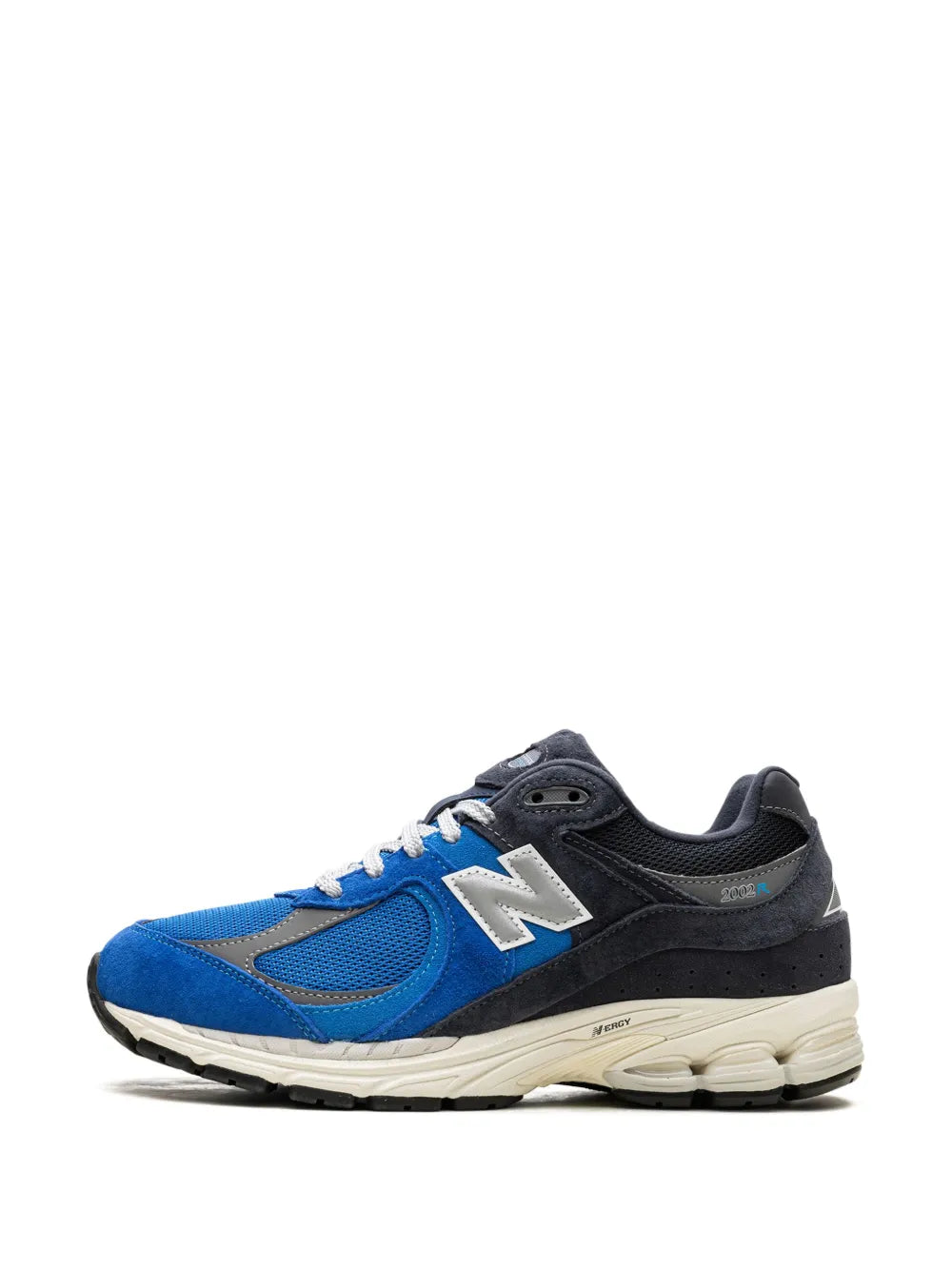 Side view: royal blue and black lace-up sneakers with white laces, N logo, cream midsole