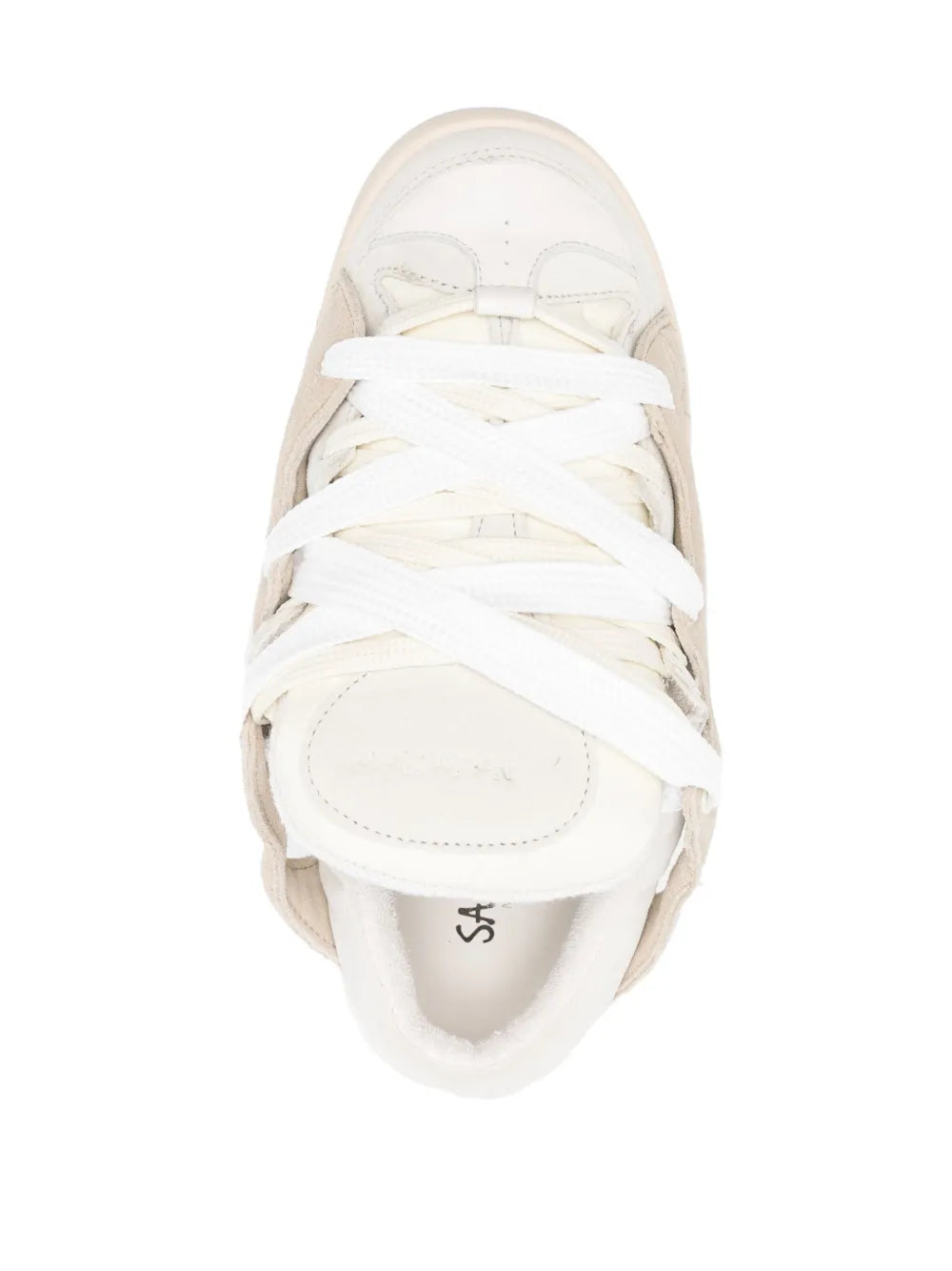 White logo-debossed low-top sneakers, top view of laces and cushioned interior