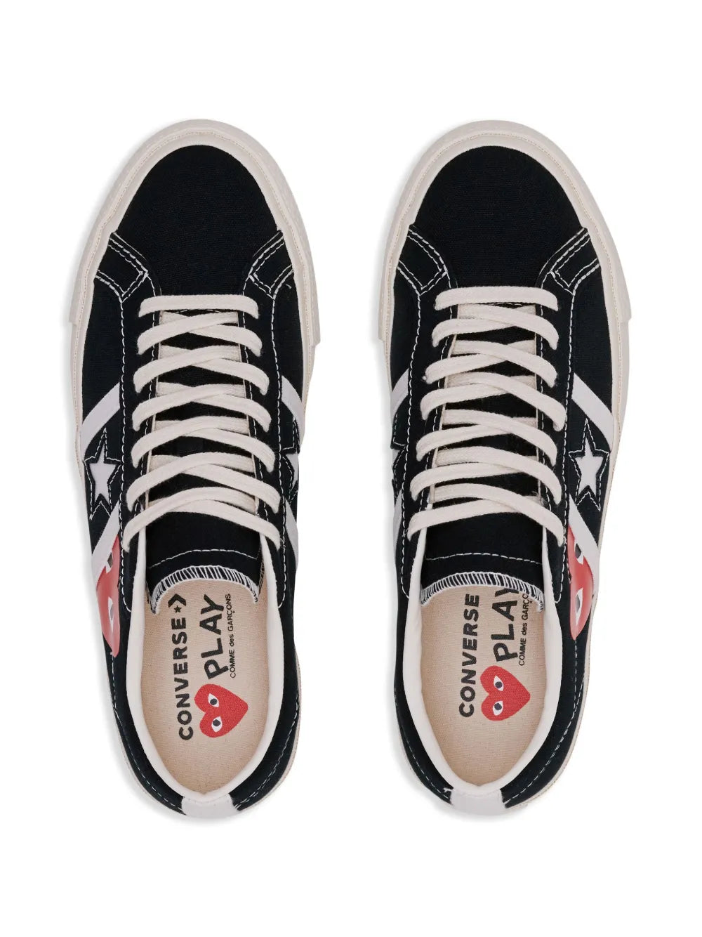 Black low-top sneakers, tongue lining shows Converse PLAY text, white laces