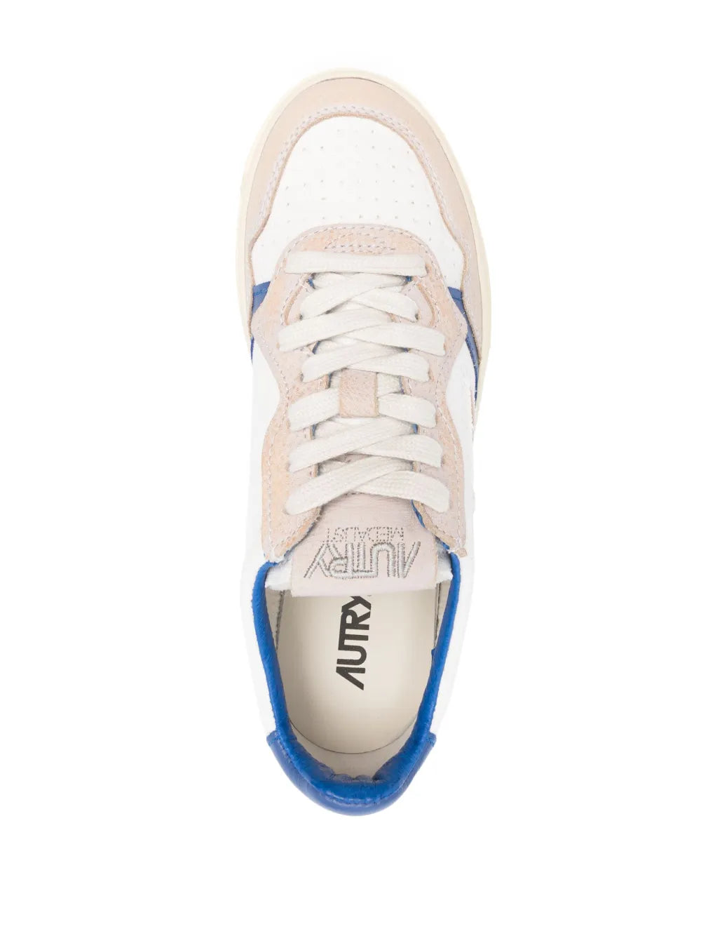 Autry lace-up sneakers showing blue tongue logo, cream uppers, and tan gum sole