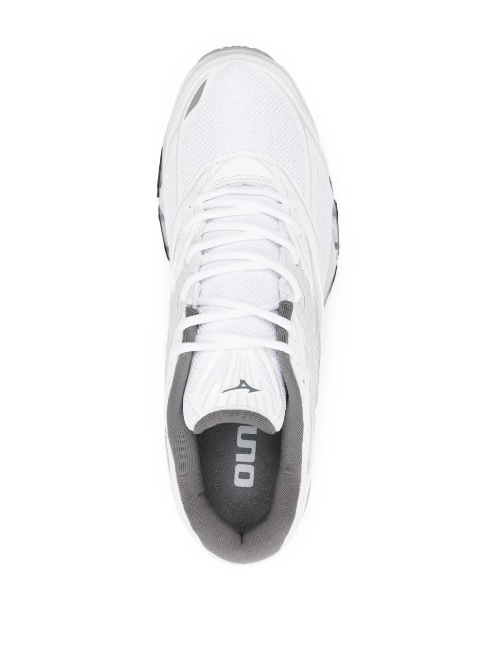 Mizuno Wave Prophecy sneakers, white laced forefoot with grey heel lining and tongue tag