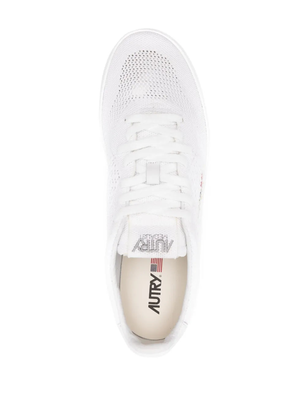 White knit sneaker top view with laces and Autry logo on insole