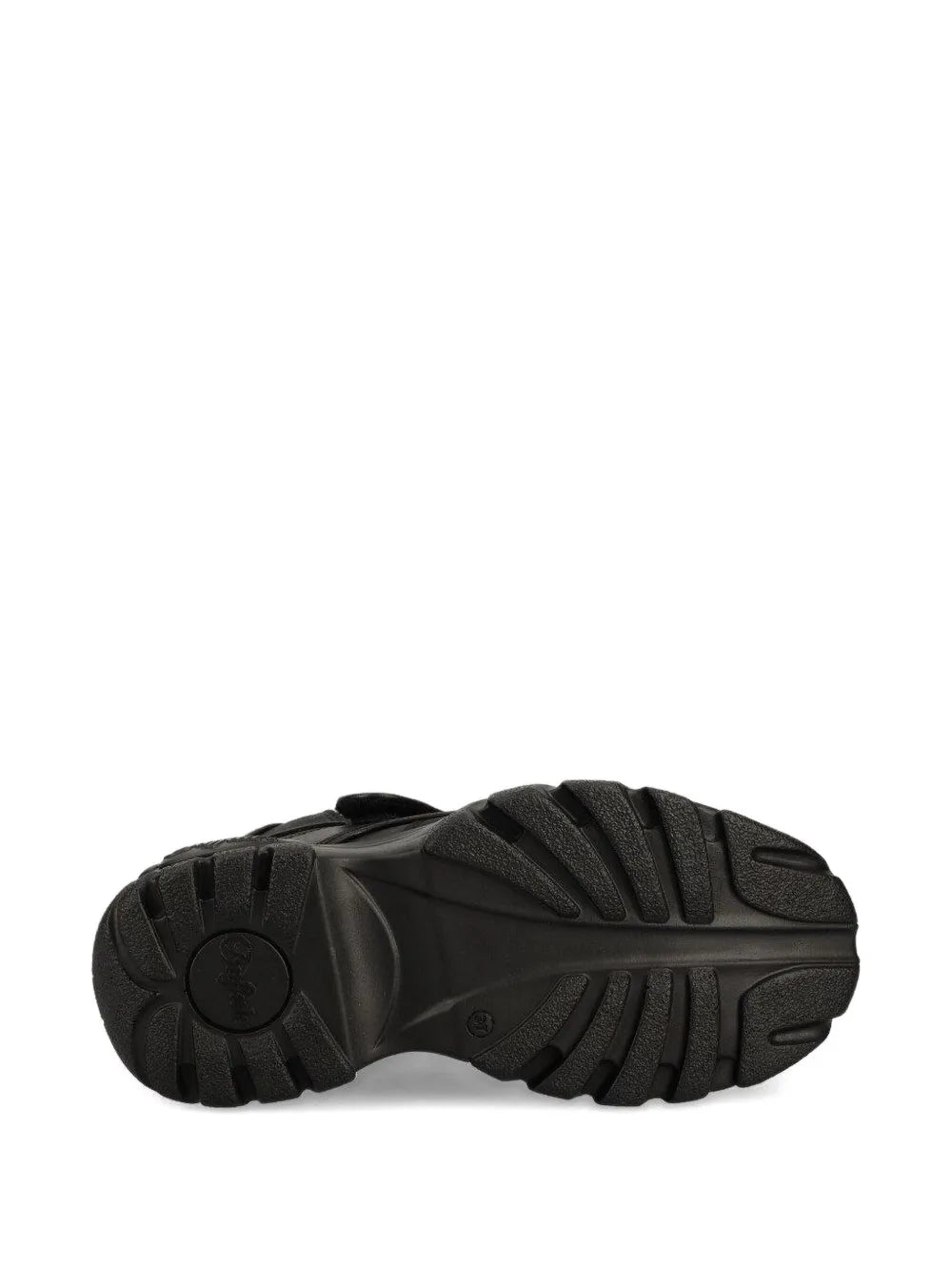 Black chunky boot outsole with deep tread and ribbed rubber panels