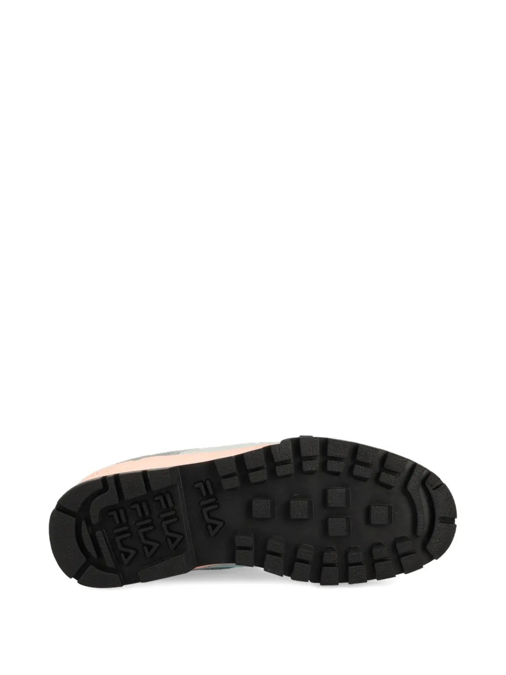 Black rubber outsole for Fila logo lace-up trainers with rugged tread pattern