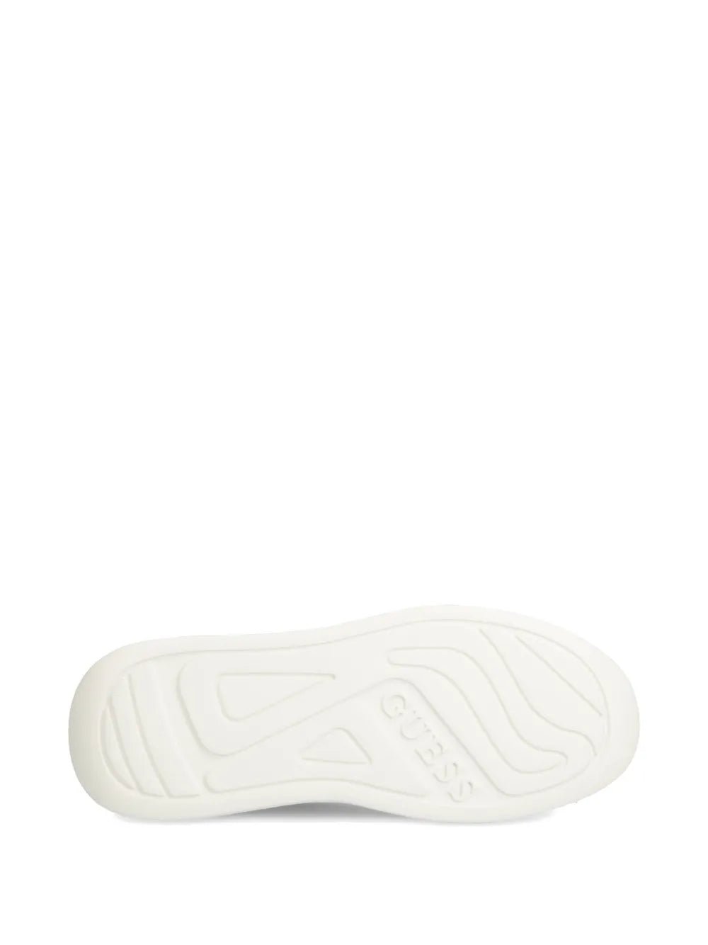 White rubber outsole with traction grooves on black Guess Elba sneakers