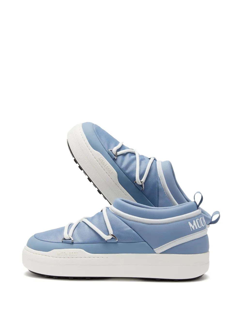 Powder blue sneakers with logo on tongue, side stripes, lace-up design, white sole