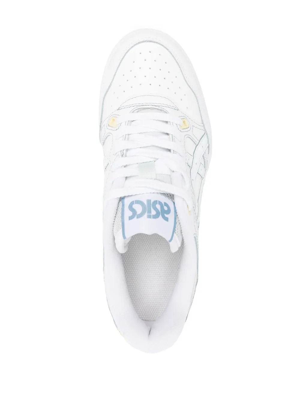 White leather lace-up sneaker with Asics logo on tongue and padded interior collar