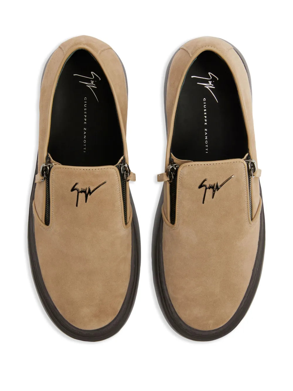Camel suede low-top sneakers front view, side zip and signature logo on upper