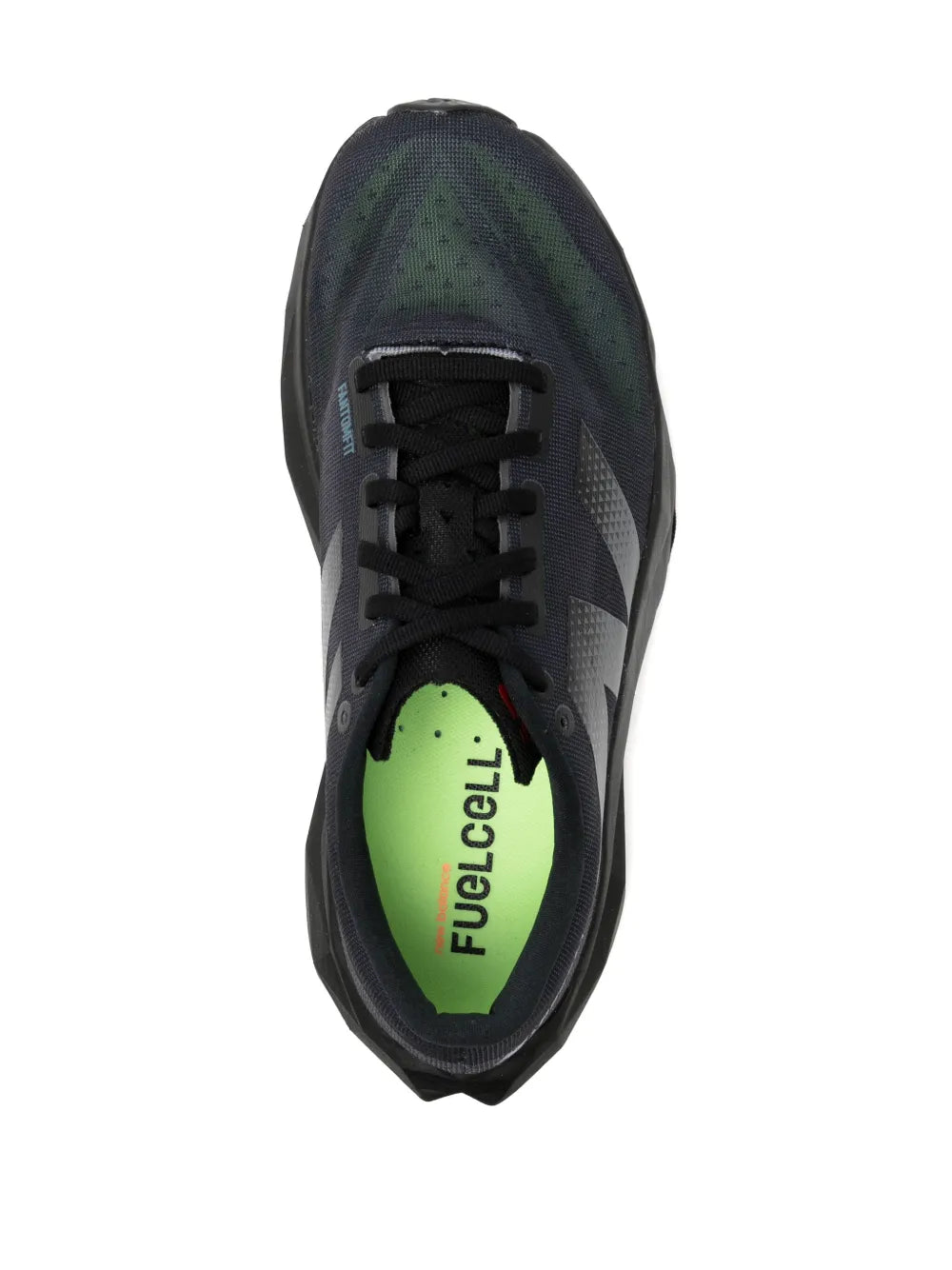 New Balance lace-up sneaker, top view with black laces and green insole label