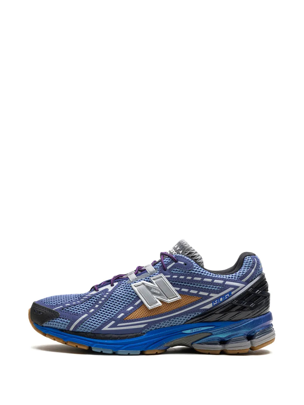 Blue and black lace-up sneakers with silver N logo and purple lace accents