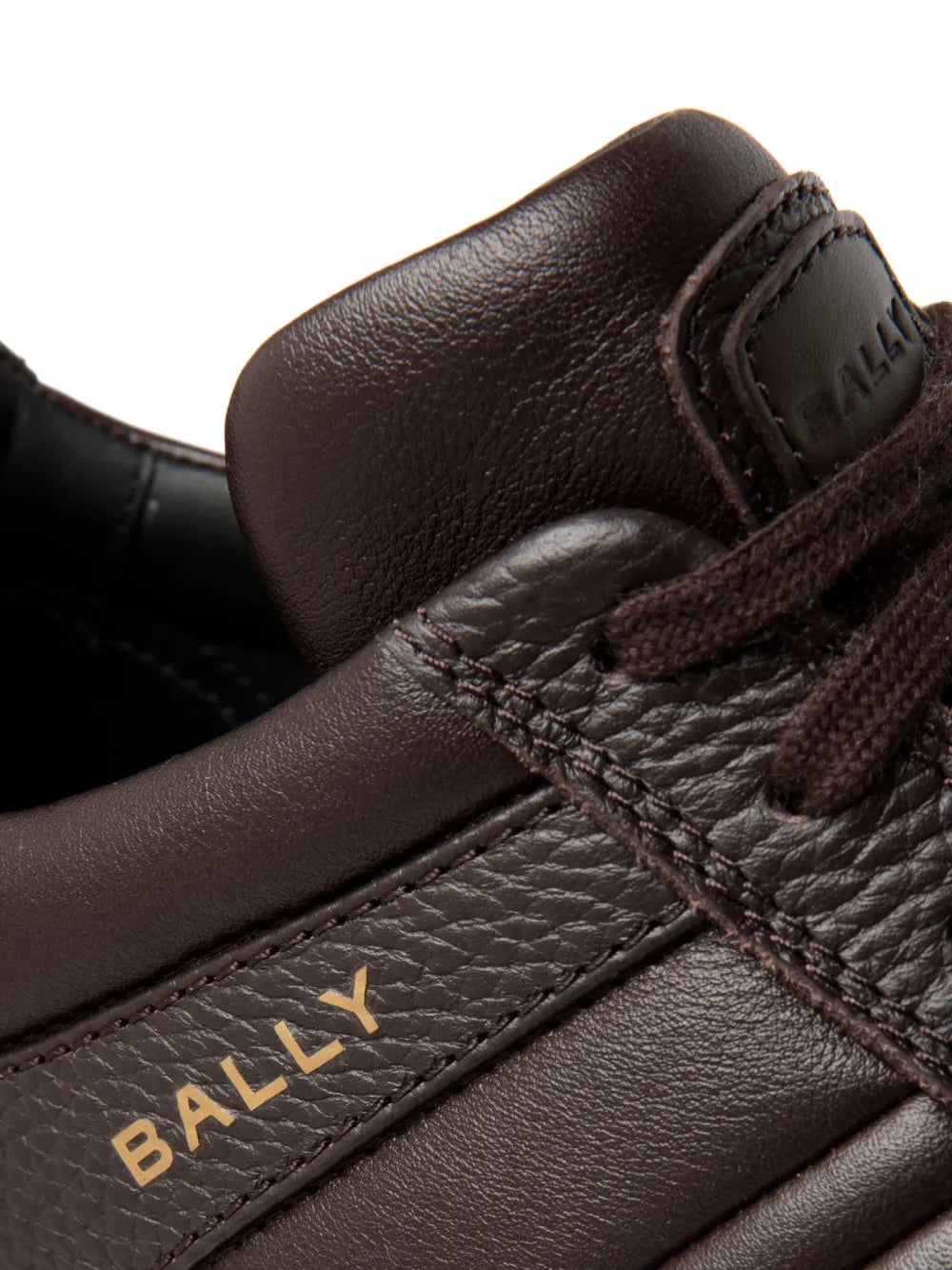 Bally sneaker detail: coffee brown leather with embroidered Bally logo and stitching