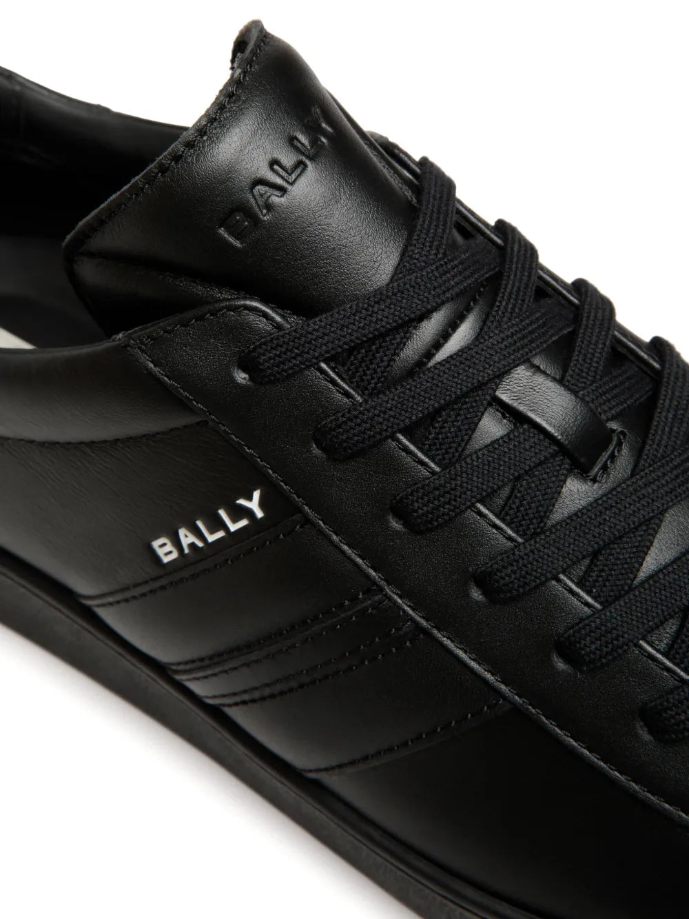 Black Bally tennis sneaker upper close-up with laces and Bally logo