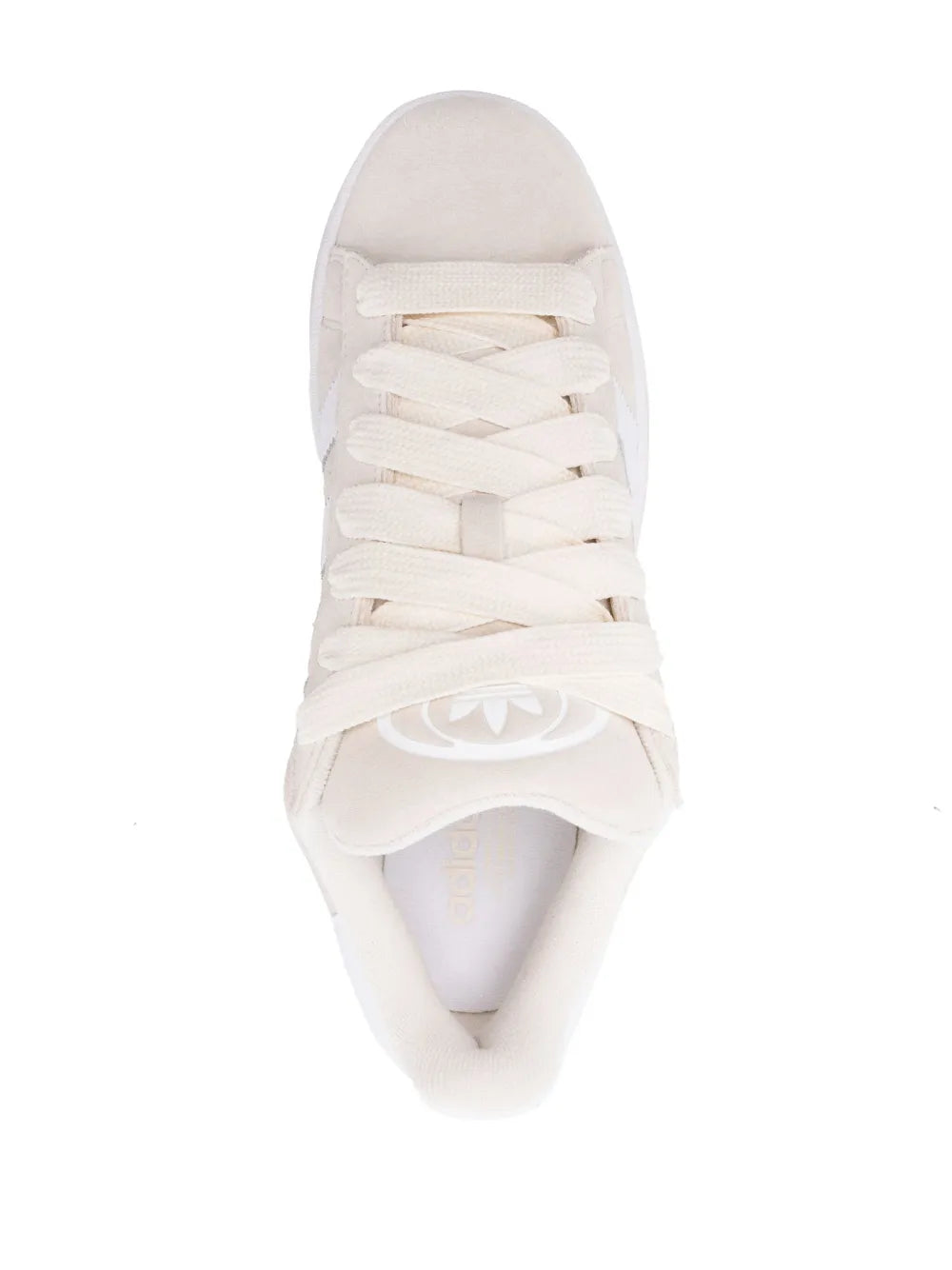 adidas suede low-top sneaker close-up, off-white laces and padded tongue