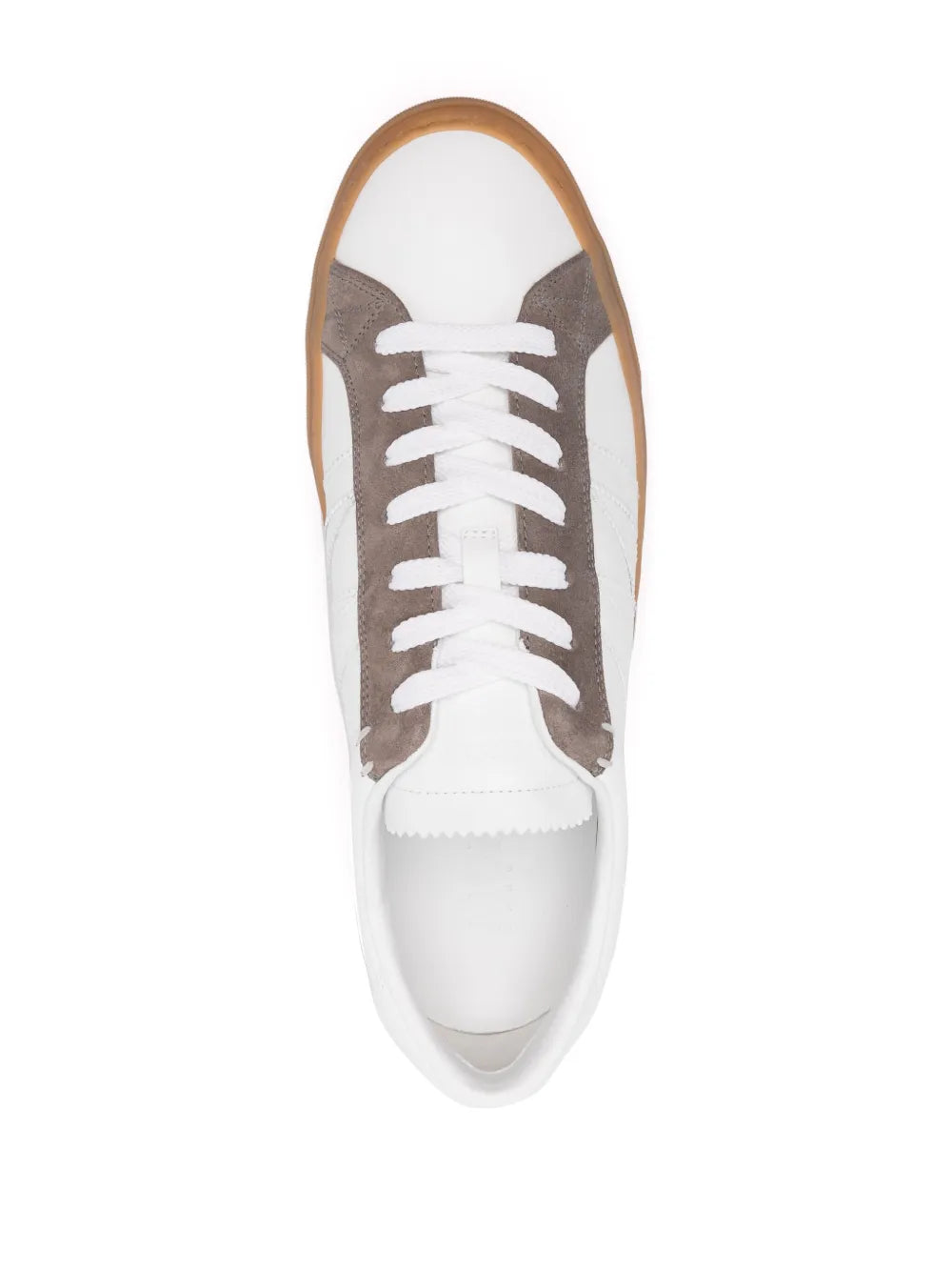 Front view white leather low-top sneakers with brown tongue panel and lace-up