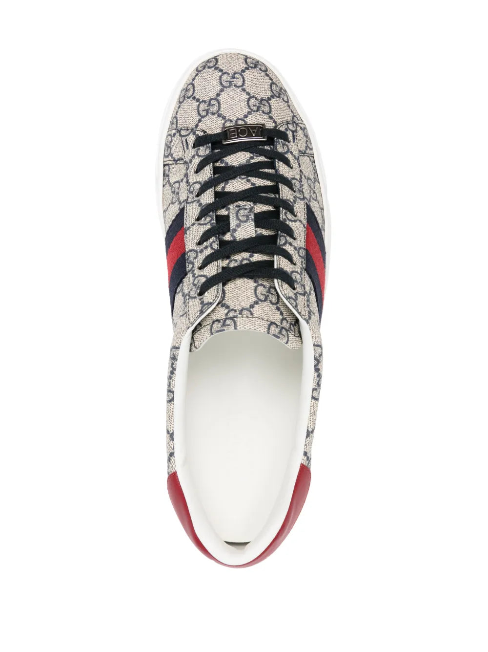 Gucci GG Ace sneakers front view, beige GG canvas with black laces and red heel.