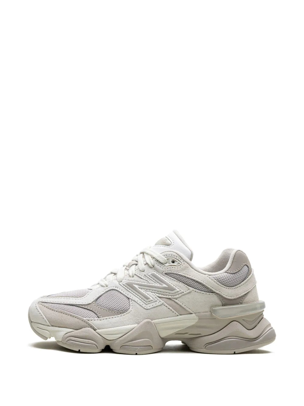 New Balance 9060 sneakers, off-white upper with grey N logo, lace-up
