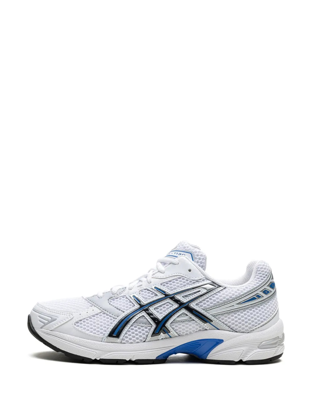 White lace-up sneaker with blue Asics side stripe panel and cushioned midsole