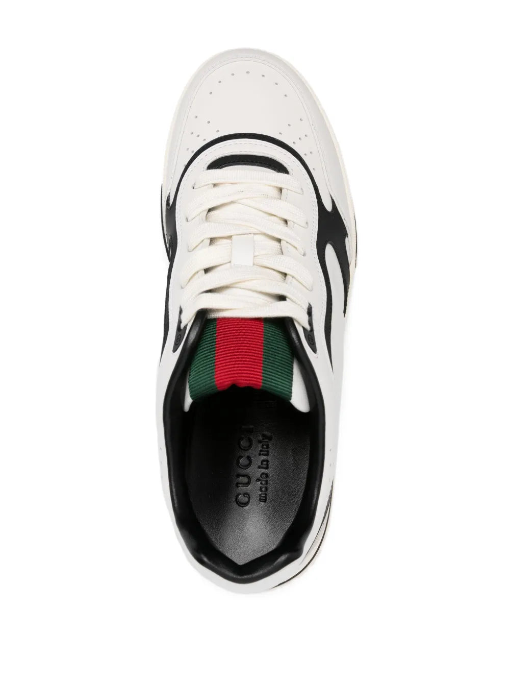 Gucci Re-Web sneaker top view with white upper, green-red web tongue and lace-up front
